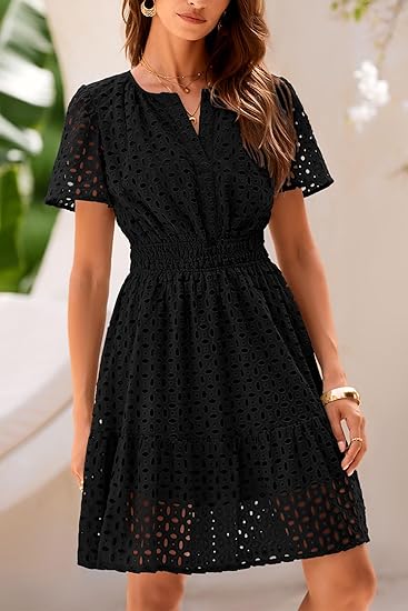 2025 Women's Summer Short Dress V Neck Short Sleeve A-Line Hollow Lace Ruffle Cute Casual Beach Party Dress